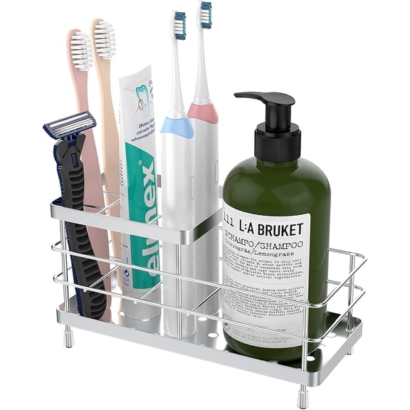 Luxspire Toothbrush Holders, 6 Slots Stainless Steel Tooth Brush Holder with Drainage, Toothbrush Holder for Bathroom Countertop & Kitchen Sink, Bathroom Accessories, Silver
