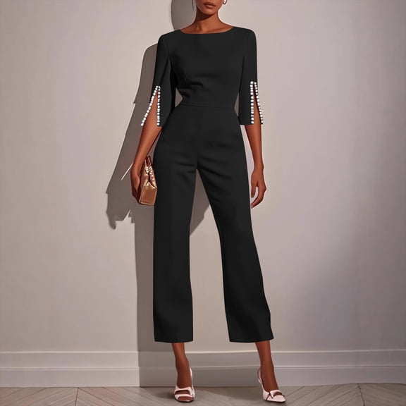Sleeveless Rompers for Women Women's Elegant Long Jumpsuit 3/4 Sleeve Pearl Slit Dressy Formal High Waisted Rompers for Business Casual Evening Wear Black L