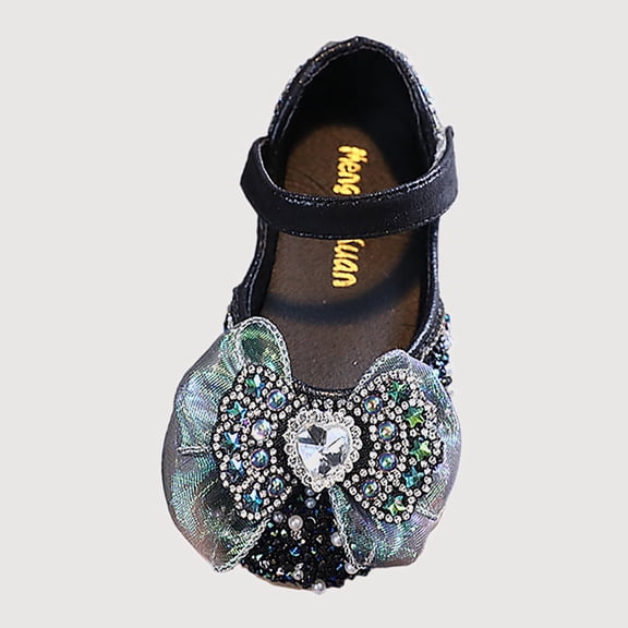 Gyujnb Girls Closed Toe Dress Shoes, Rhinestone Bow Hook and Loop, Thick Sole for Casual Autumn (Toddler, Little Girls),6-7 Years
