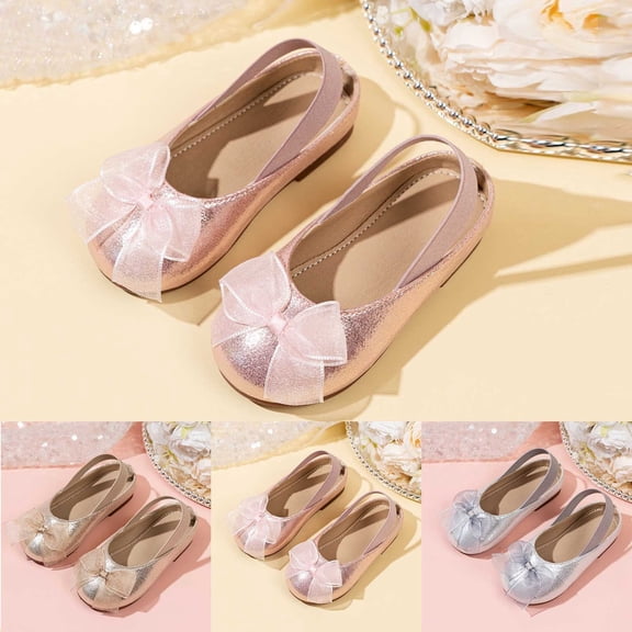 Girls Mary Jane Dress Shoes Bow Ballet Flats Round Toe Shoes Non-Slip Sole Flower Girl Wedding Party Shoes for Toddler and Little Girls Daily Wear Silver 30