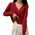 thumbnail image 1 of 2021 SALE Girl Women's Solid Color Knit Cardigan Small Short V-neck Long Sleeve Thin Jacket Crop Top Outerwear,Red, 1 of 10