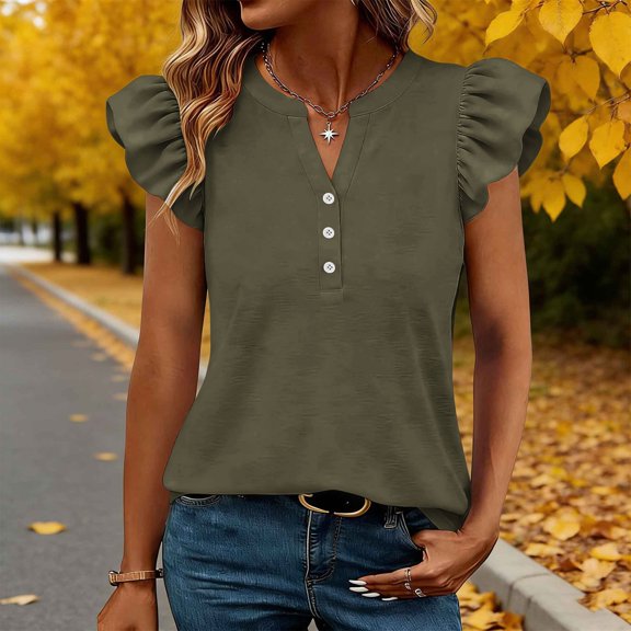 ClodeEU Women’s V Neck Puff Short Sleeve T Shirt with Button ,Casual Solid Color Top Army Green,Women's Plus L