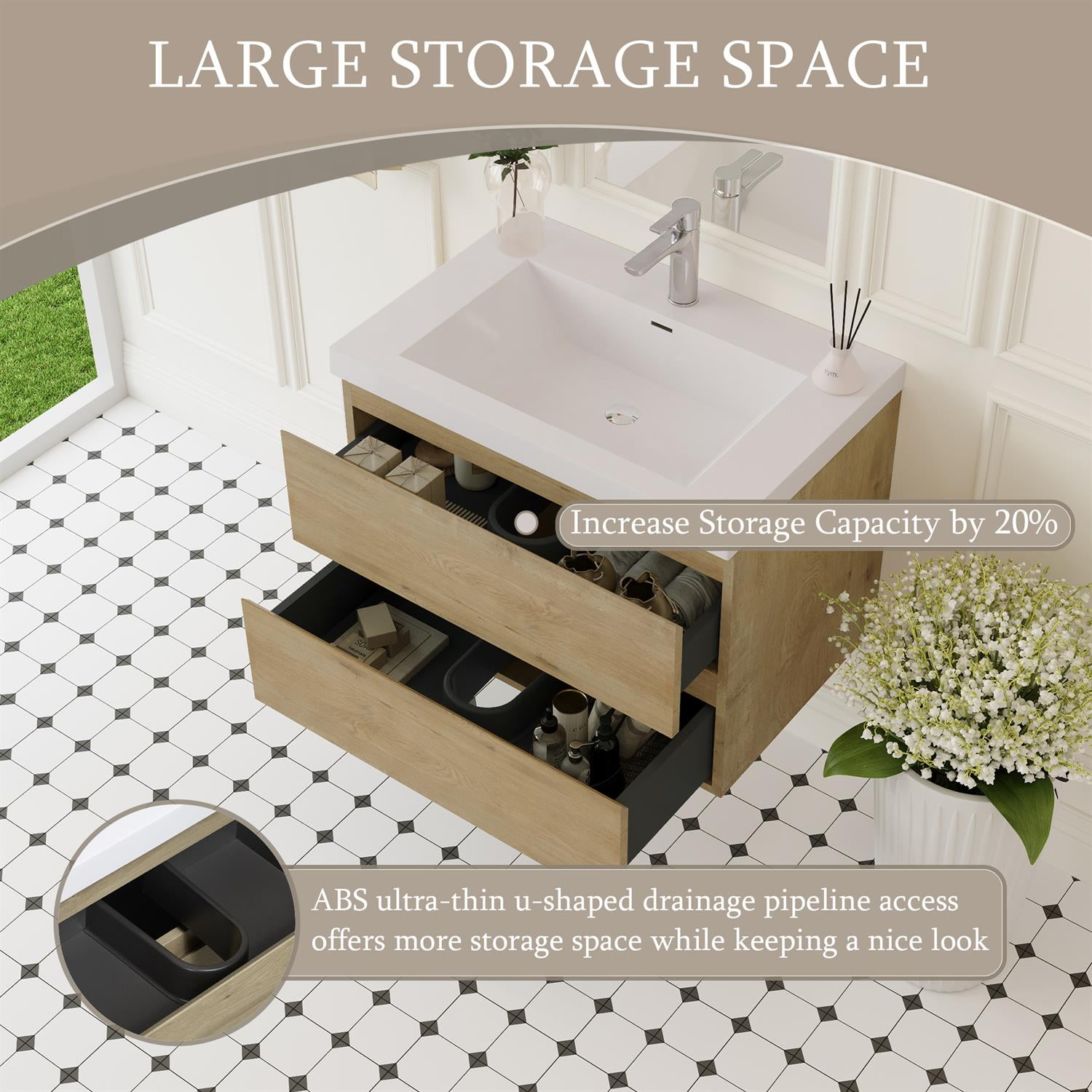 Demi Bonn 30" Floating Bathroom Vanity with Sink, Resin Top Basin and 2 Soft Close Drawers, Faucets and Drains Not Included, Brown