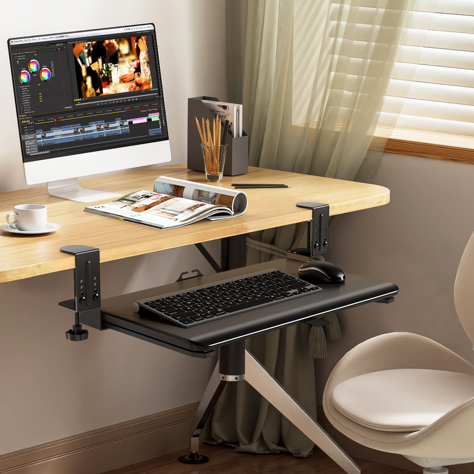 TAVR Furniture Adjustable Keyboard Tray Under Desk Pull Out with C-Clamp, 20x13 inch Keyboard & Mouse Tray, Black