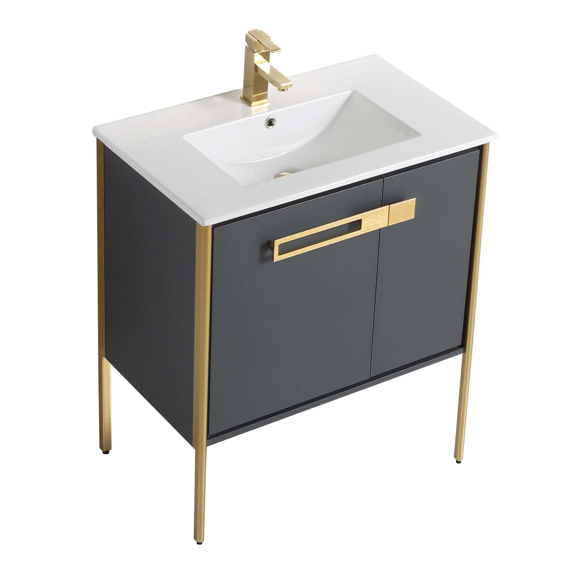 Fine Fixtures  Oakville Bathroom Vanity  with White Ceramic Sink Onix Grey - Satin Brass Hardware 30 Inch