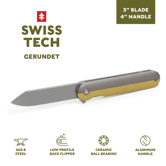 Swiss Tech Gerundet 7" Assisted Flipper Pocket Knife, AUS-8 Steel 3" Blade, 4" Aluminum Handle, Multi-color