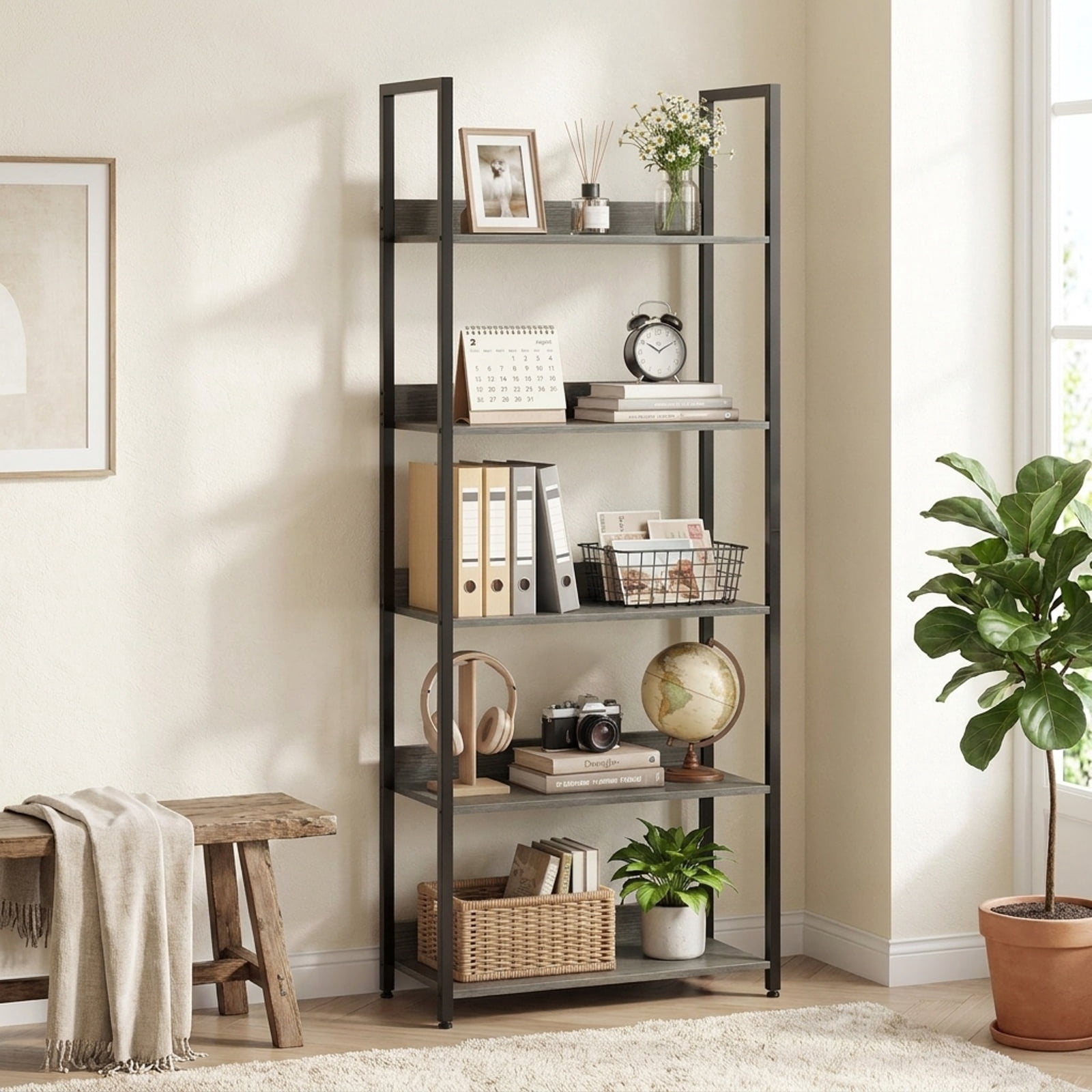 Furnibear 5-Tier Bookshelf Tall Wooden Open Bookcase with Back Panels for Living Room Home Office Bedroom Display Storage Shelf, Oak