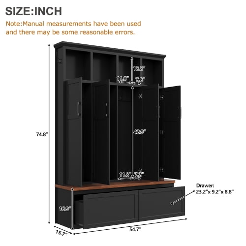74.8" Modern Farmhouse Hall Tree with 4 Hidden Cabinets, 6 Hooks, Storage Drawers and Bench, Entryway Coat Rack Organizer, Black