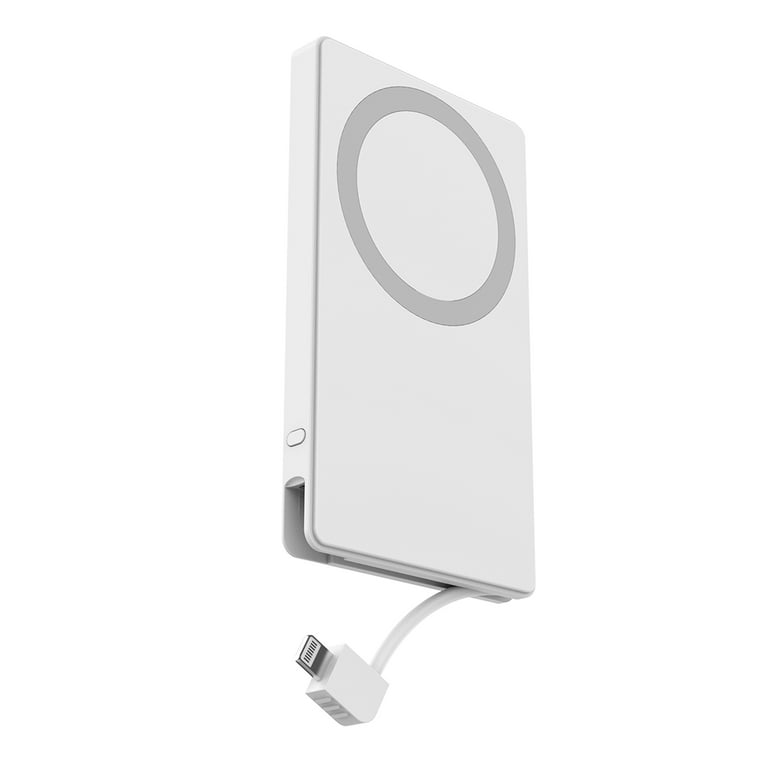 onn 5,000 mAh Portable Power Bank with Built in Lightning Cable, MFI  Certified, Mag-Attach Ring, White Compatible with iPhone
