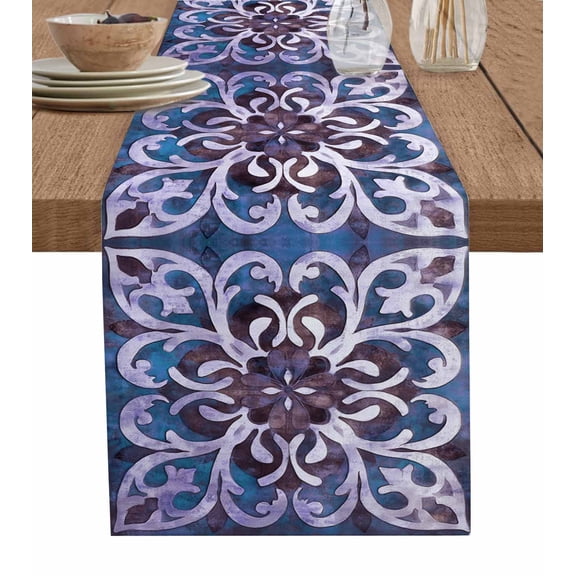 Blue Purple Ethnic Table Runner 36 Inches, Rustic Boho Flowers Impressionist Bed Runner Dresser Scarves Tabletop for Indoor Outdoor Parties/Ceremony/Banquet, 13"x 36"