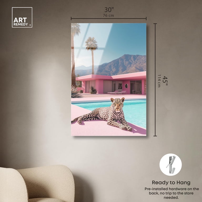 アクリル画　ガラスアート　ヒョウ　ジャガー　A4サイズ額装付き　星咲BAEZ3 Leopard Pink House High-Gloss Frameless Acrylic Glass Wall Art