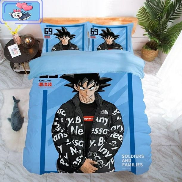 Juego de ropa de cama de Dragon Ball Goku, Sábana de Cuatro piezas, funda de almohada sólida, colcha de lino, tamaño Queen y King, accesorios de cama