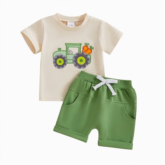 HCNTES Infant Baby Boy 4th of July Outfit 6 12 18 24 Months 2T 3T 4T USA Car Print Short Sleeve Top And Waist Shorts Boys Patriotic Outfit Set