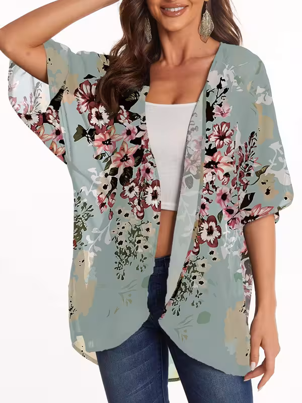 thumbnail image 4 of Cárdigan tipo kimono con estampado floral y mangas abullonadas para mujer, 4 of 4