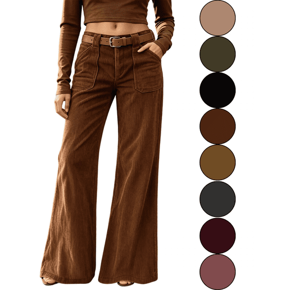 VALSEEL Corduroy Pants Women High Waist Wide Leg Pants with Pockets Loose Fit Straight Stretch Zip‑Fly Fall Outfits for Women Brown S
