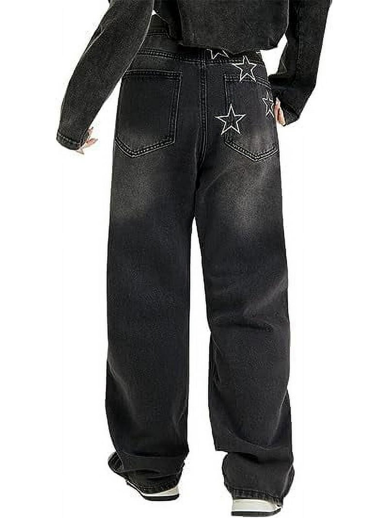 LinYooLi Y2K Baggy Jeans Star Patch Wide Leg Pants Alt Emo