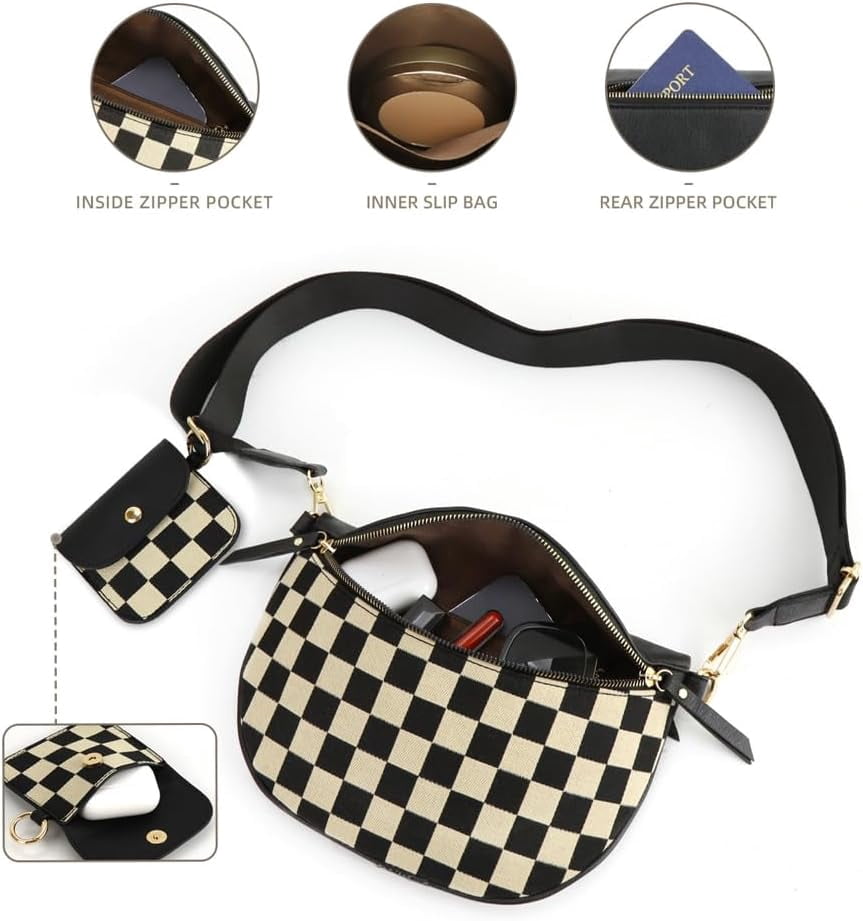 MMYGU 2 Pcs Checkered Crossbody Bags for Women Bum Bag Checkered Cross Body Sling Backpack Satchels Shoulder Wallet Purses