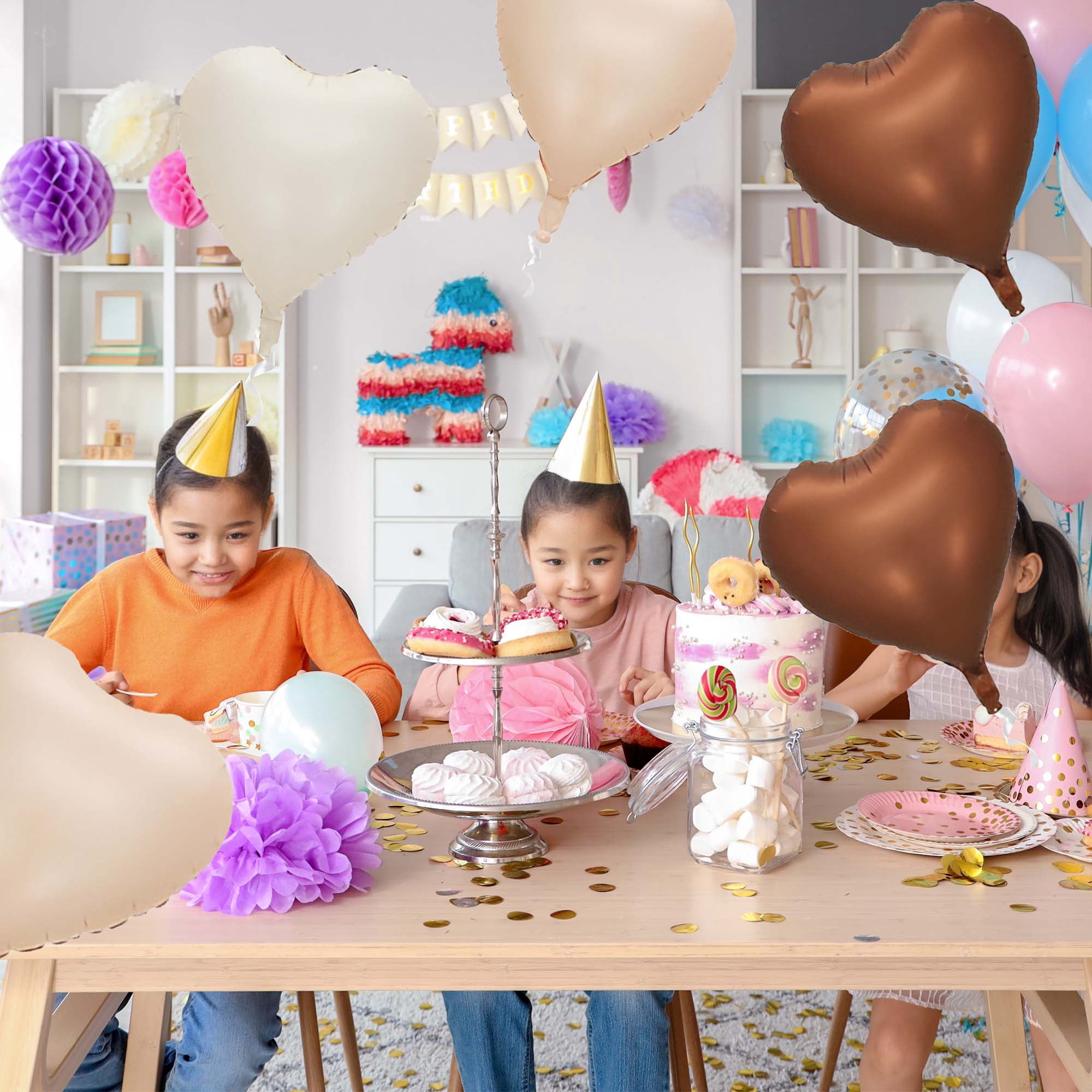 Unique Bargains 10Pcs Helium Balloons with Ribbon Heart Pattern White Brown Apricot