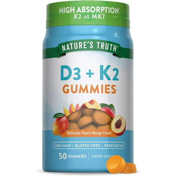 Vitamin K2   D3   Calcium Gummies | 50 Count | Peach Mango Flavor | by Nature's Truth