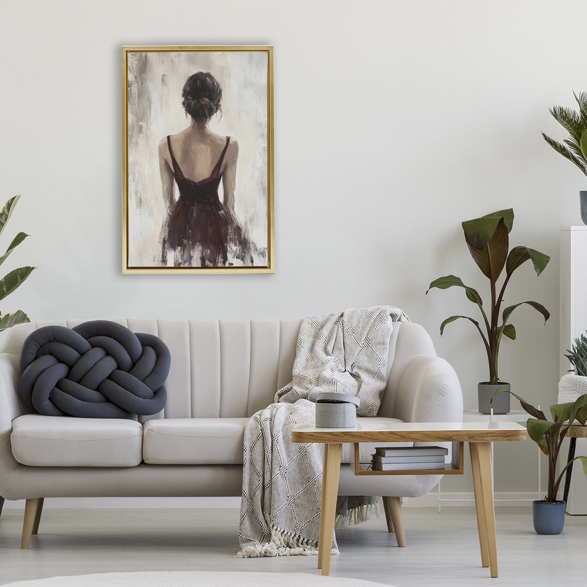 Stupell Industries Portrait of Woman in Burgundy Gold Framed Floater Canvas Wall Art, design by Petal Prints Design