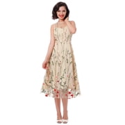 IBTOM CASTLE Women Vintage Dress 1950s Sleeveless Mesh Patchwork Cocktail Swing Dress Floral Embroidery Flare A-Line Dress Wedding Guest Evening Prom Gown XXL Apricot