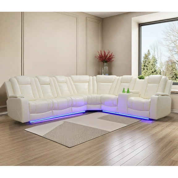 Power Recliner Sectional Couches with Double Recliners for Living Room,Leather Reclining Corner Sectional Sofa with Arm Cup Holders,Storage Console for House/Home Theater, Creamy