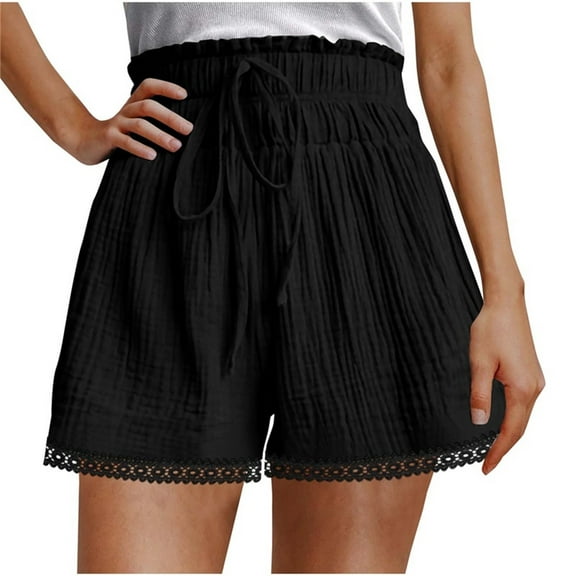 Kvture Linen Shorts for Women Summer Casual High Waisted Wide Leg Drawstring Beach Short Comfy Flared Lace Palazzo Shorts Black L