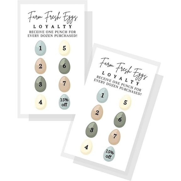 Farm Fresh Eggs Loyalty Cards  50 Pack  2x3.5" inches Business Card  Fresh Farm Eggs  Chicken Coop Supplies  White Card with Multi-Color Eggs Design