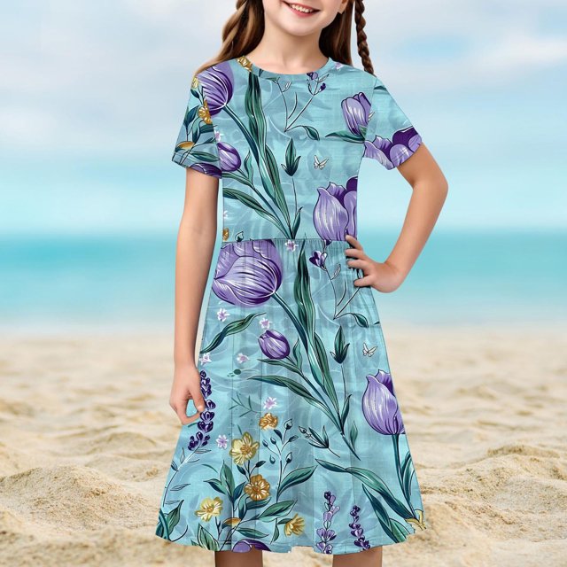 LOVZFMLL Robe d'Été Unie à Manches Courtes Col Rond en Maille Princesse Robe de Mariage pour Enfants