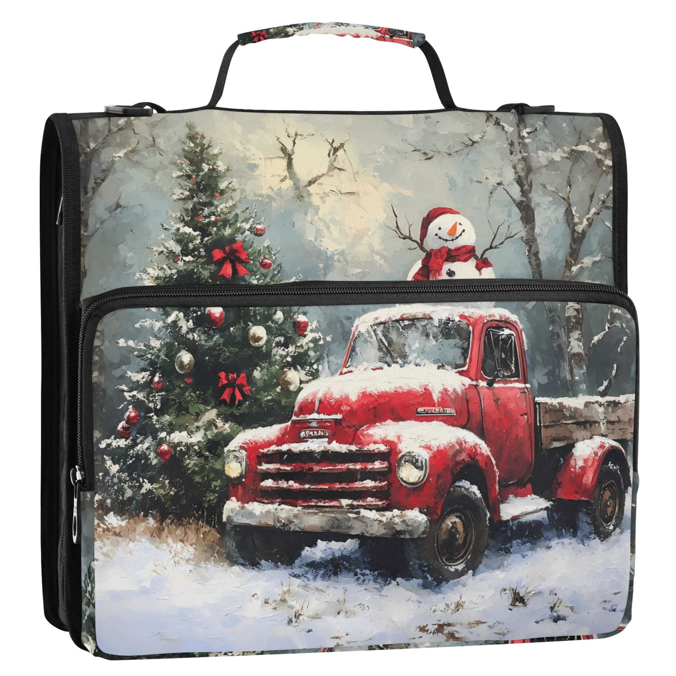3 Ring Zipper Binder with Shoulder Strap Waterproof Trapper Keeper 2 Inch D-Ring 500 Sheets Capacity Christmas Tree Truck Snowman