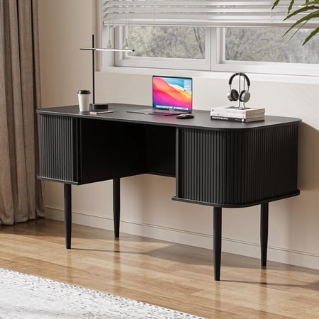 FURNIWAY 55" Modern Writing Desk with Storage, Wood Home Office Desk with Sliding Doors, Computer Desk for Home Office, Dorm, Living Room, Home Study Table, Black