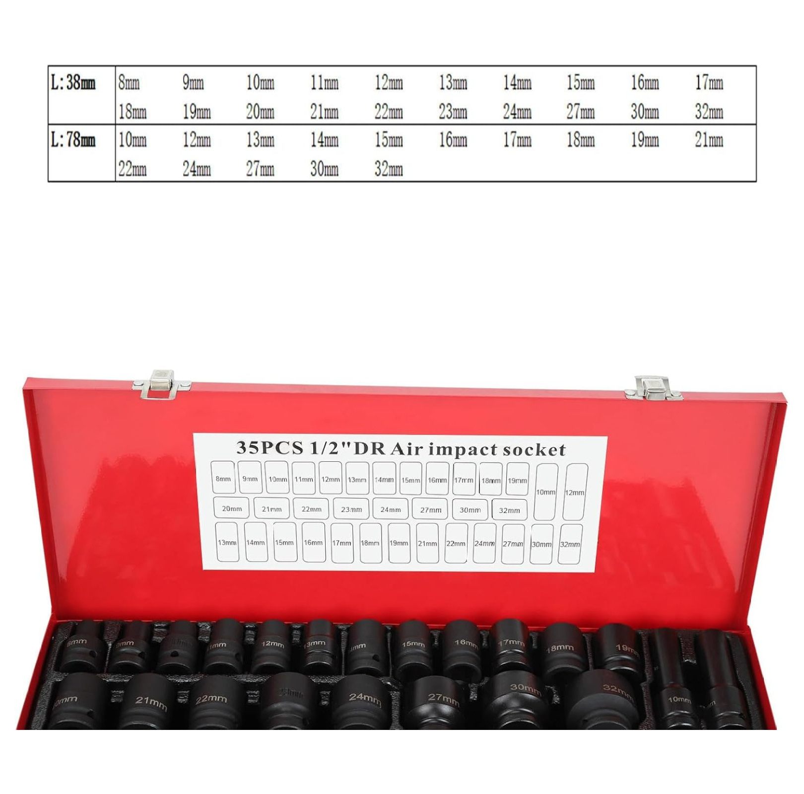 35pcs 1/2" Inch Deep Impact Socket Set Drive 8-32mm Metric Garage Sae With Case - 6 Point - Garage Workshop Car Auto Truck Repair Hand Tools