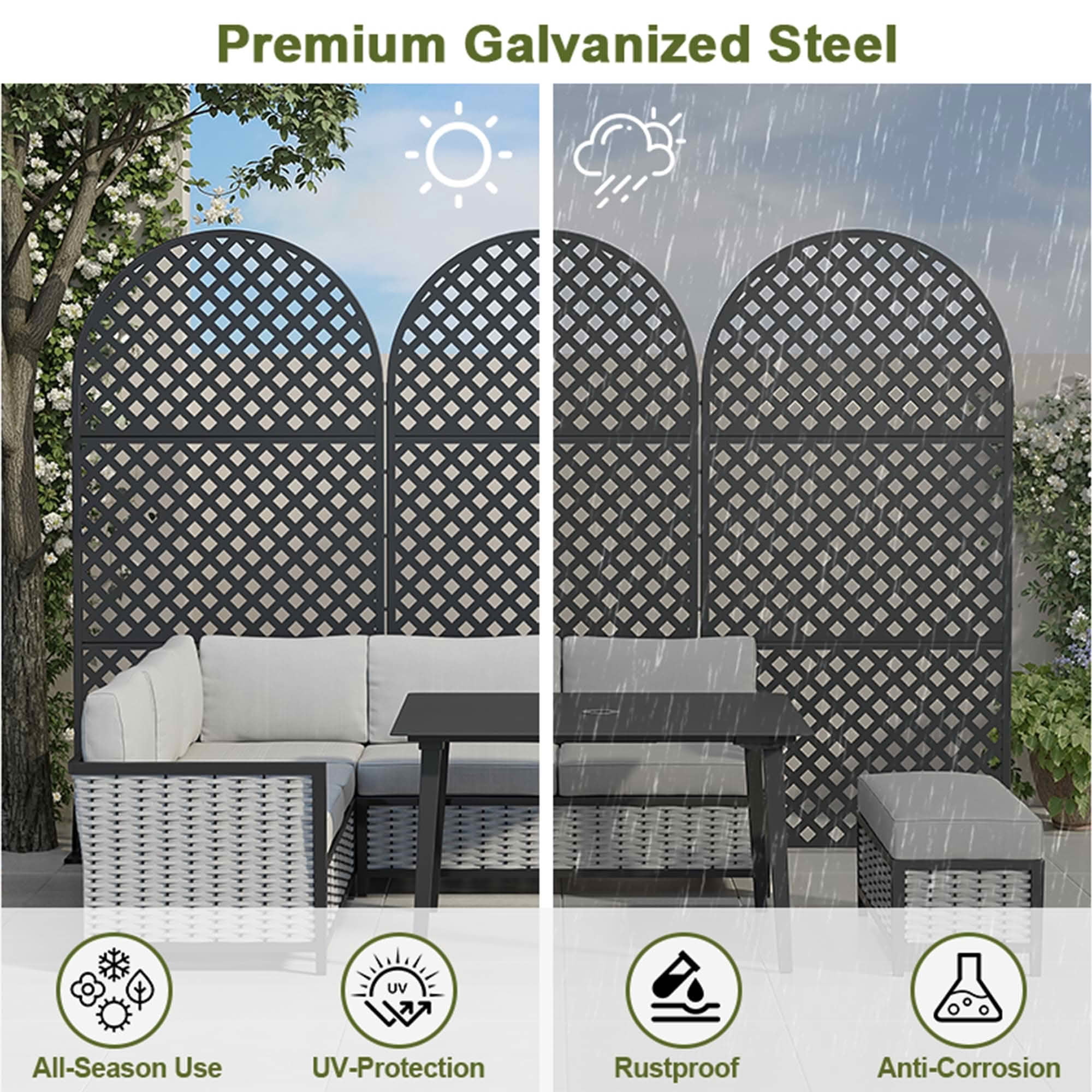 MAYEERTY 72x35x16 Inch Black Diamond Arched Galvanized Steel Privacy Screen, 3 Piece Set for Outdoor Garden
