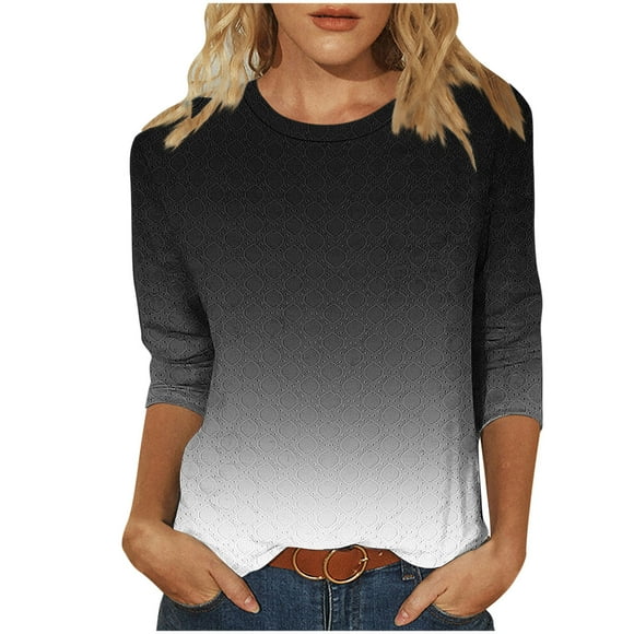 breaise Womens 3/4 Sleeve Eyelet Shirts T-Shirt Fashion Tie Dye Loose Breathable Tops Round Neck Casual Tunics Blouse Black M
