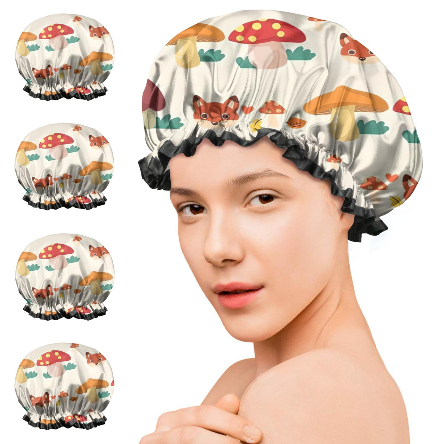Shower Caps,Orange Mushroom Fox Light Pattern Waterproof Shower Cap for Women 4 Pieces,Double Reusable Hair Cover for Shower PEVA Elastic Stretch Hem