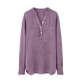thumbnail image 5 of Craaazy Women Plus Size Tops Loose Fit Solid Color V Neck Button Detail Long Sleeve Cotton Tops for Vacation Gift, 5 of 9