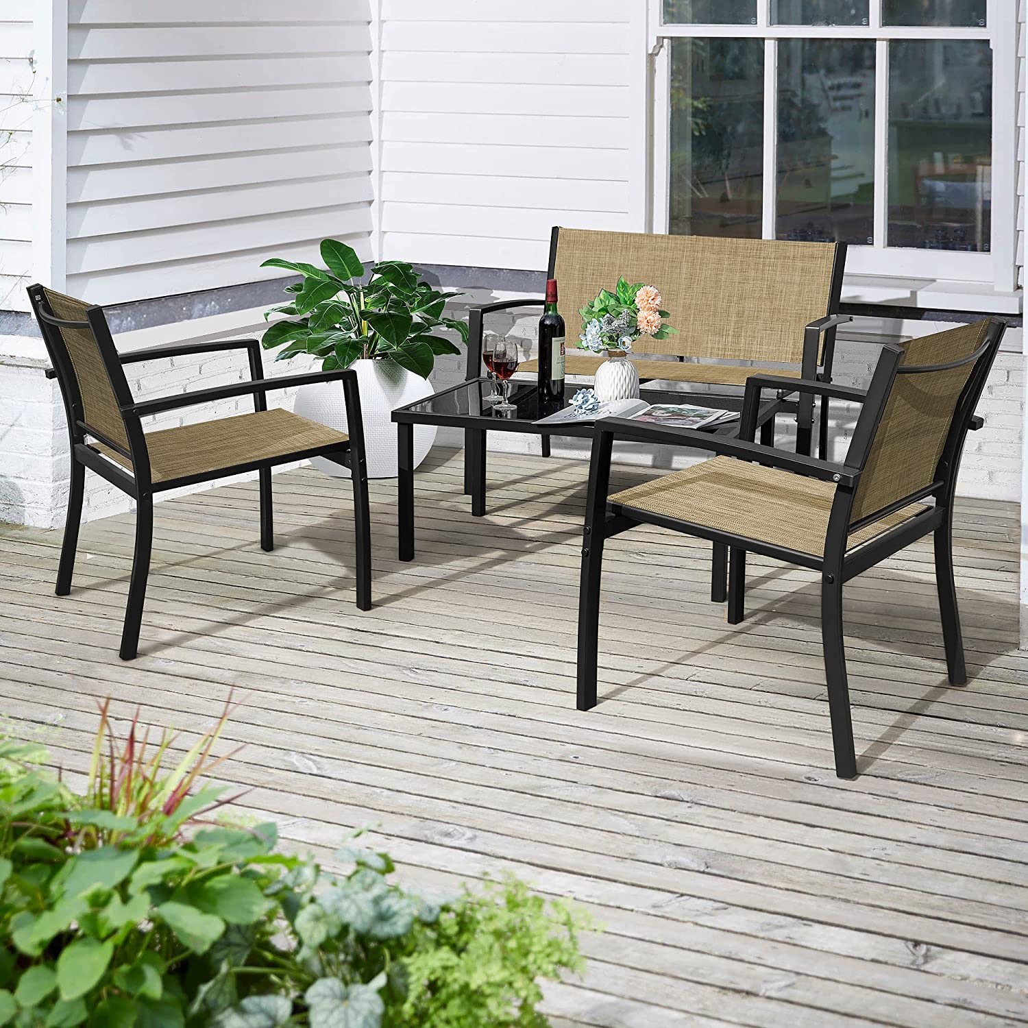 ZXNYH 4 Pieces Patio Furniture Set Modern Patio Conversation Sets Textilene Outdoor Furniture Patio Chairs Set of 4 with Loveseat Coffee Table for Porch Lawn Pool and Balcony (Black) - image 2 of 7
