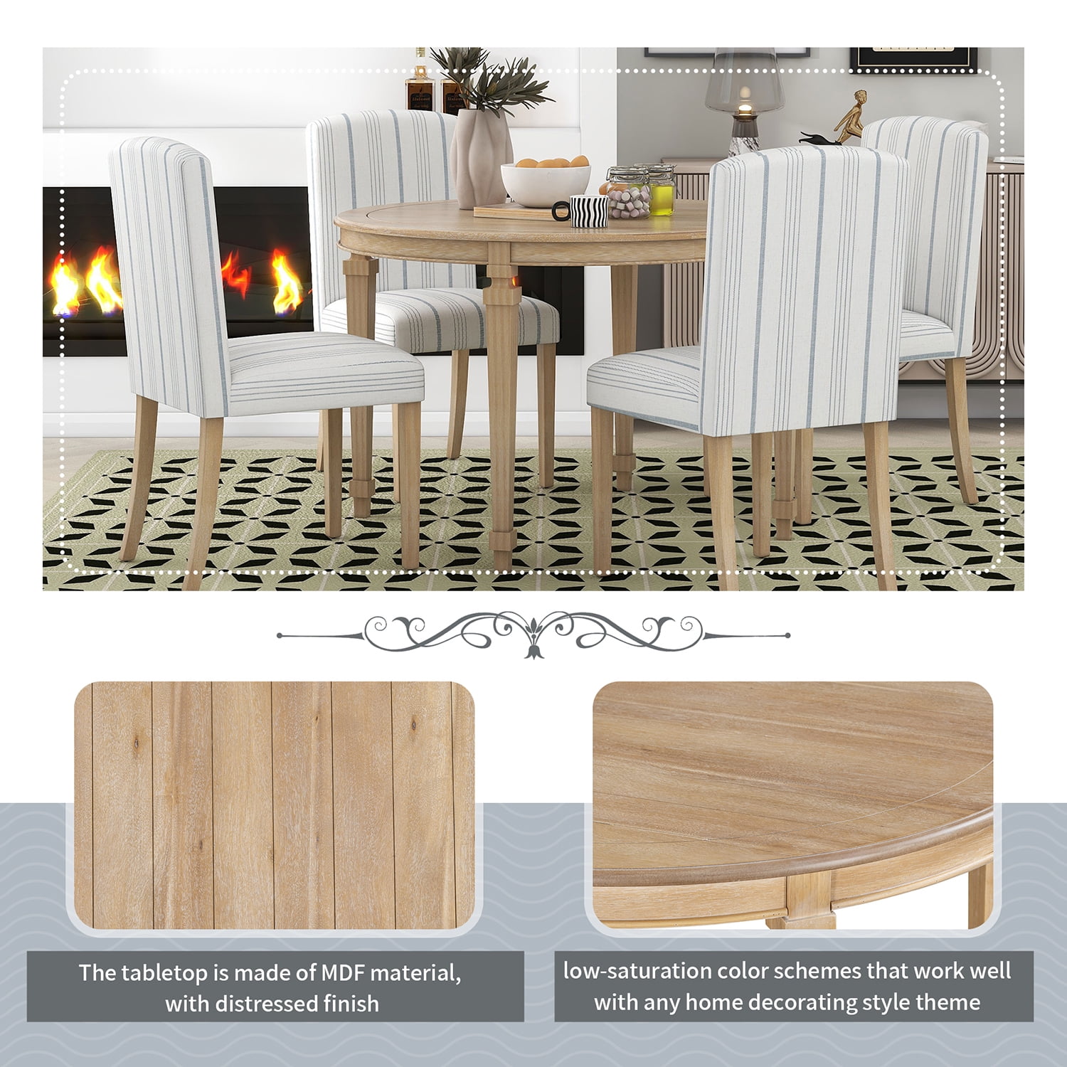Kadyn 5-Piece Kitchen Dining Table Set, Solid Wood Round Table with 4 Upholstered Chairs for Apartment Kitchen, Natural Wood