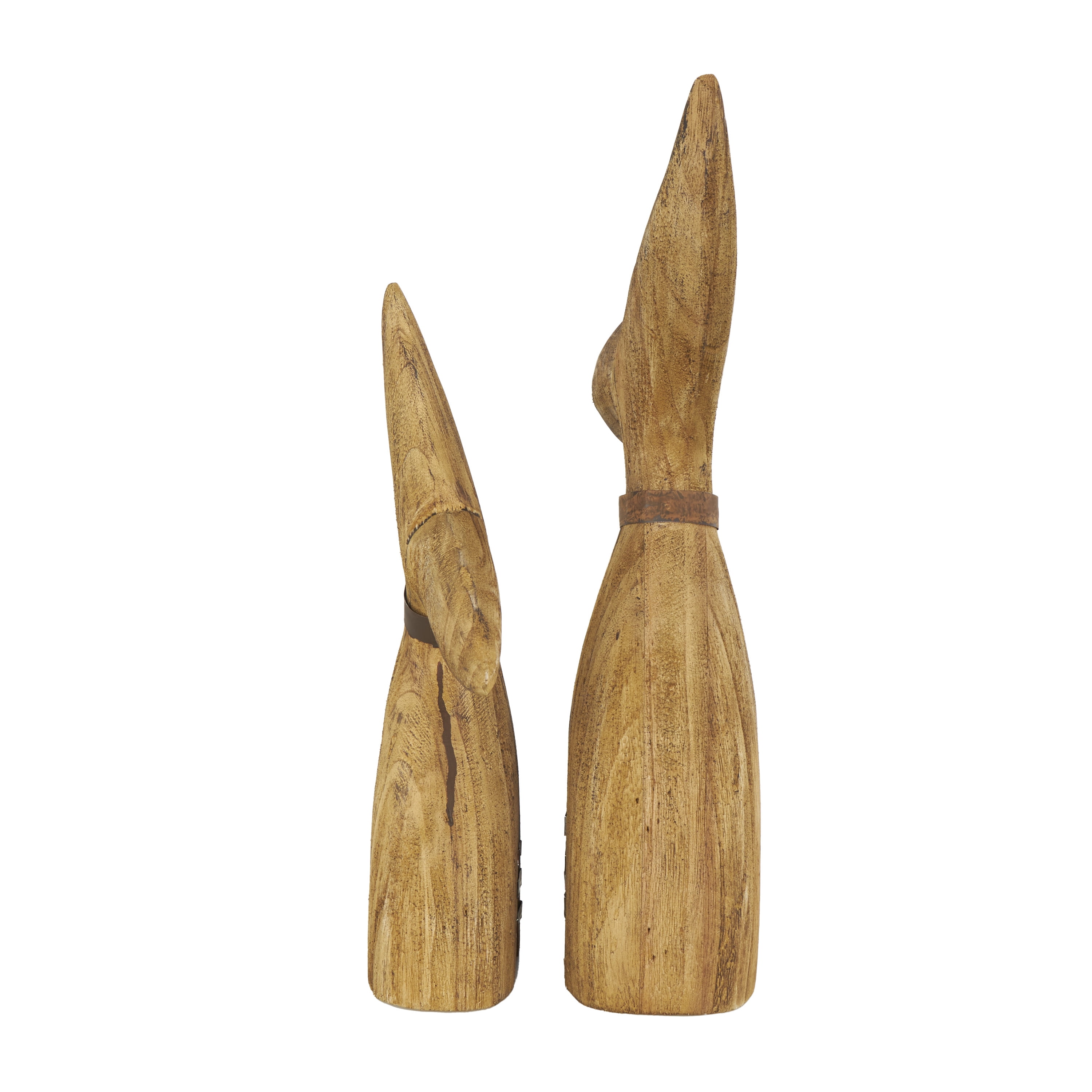 17", 13"H Brown Wood Handmade Tail Whale Sculpture with Metal Band Accents, by DecMode (2 Count)