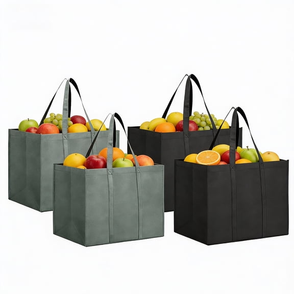 Behome 4 Pack Reusable Grocery Bags, Large Foldable Shopping Tote Bags with Long Handles, Multipurpose Heavy Duty Tote, Daily Utility bag, Black&Gray