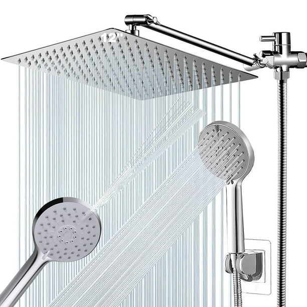 Set de 12''Cabeza de Ducha de Lluvia de Alta Presion y 4+1 Modos Regadera de Mano, Regaderas para Baño con Brazo de Extensión de 12'' y Manguera Alcachofa Acero Inoxidable para Baño Hotel etc