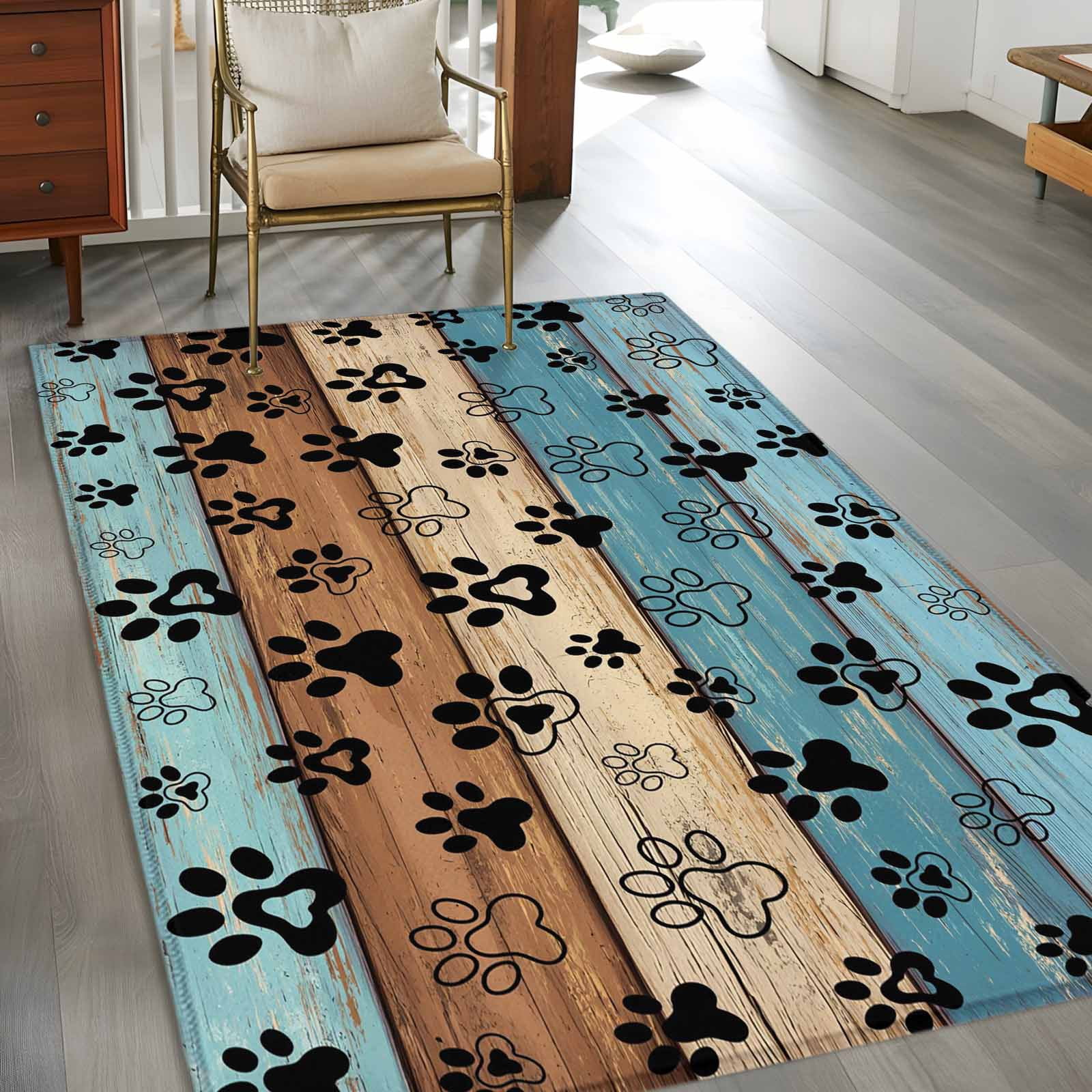 Area Rug for Living Room, Light Blue Brown Non-Slip Indoor Large Carpet for Bedroom/Dining Room, Rustic Farmhouse Dog Paw Vintage Washable Low-Profile Rectangle Floor Mat Runner Rugs - 2.7 x 5 Ft