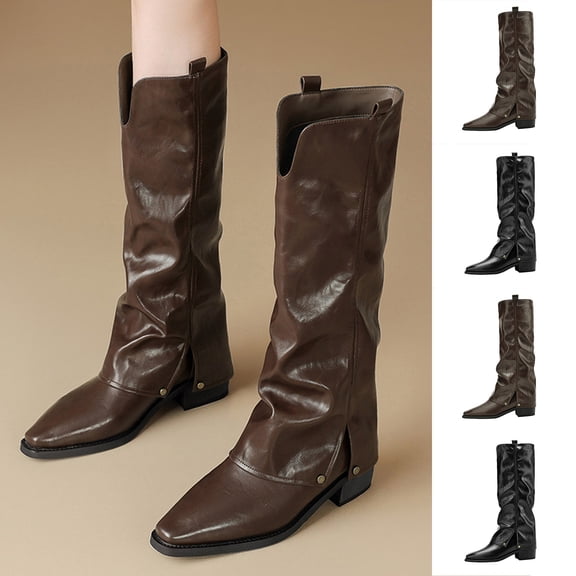 Women's Western Boots, Retro Fold-over Lock Style with Studs, Leather Pointed Toe Low Heel Walking Boots Brown 9(42)