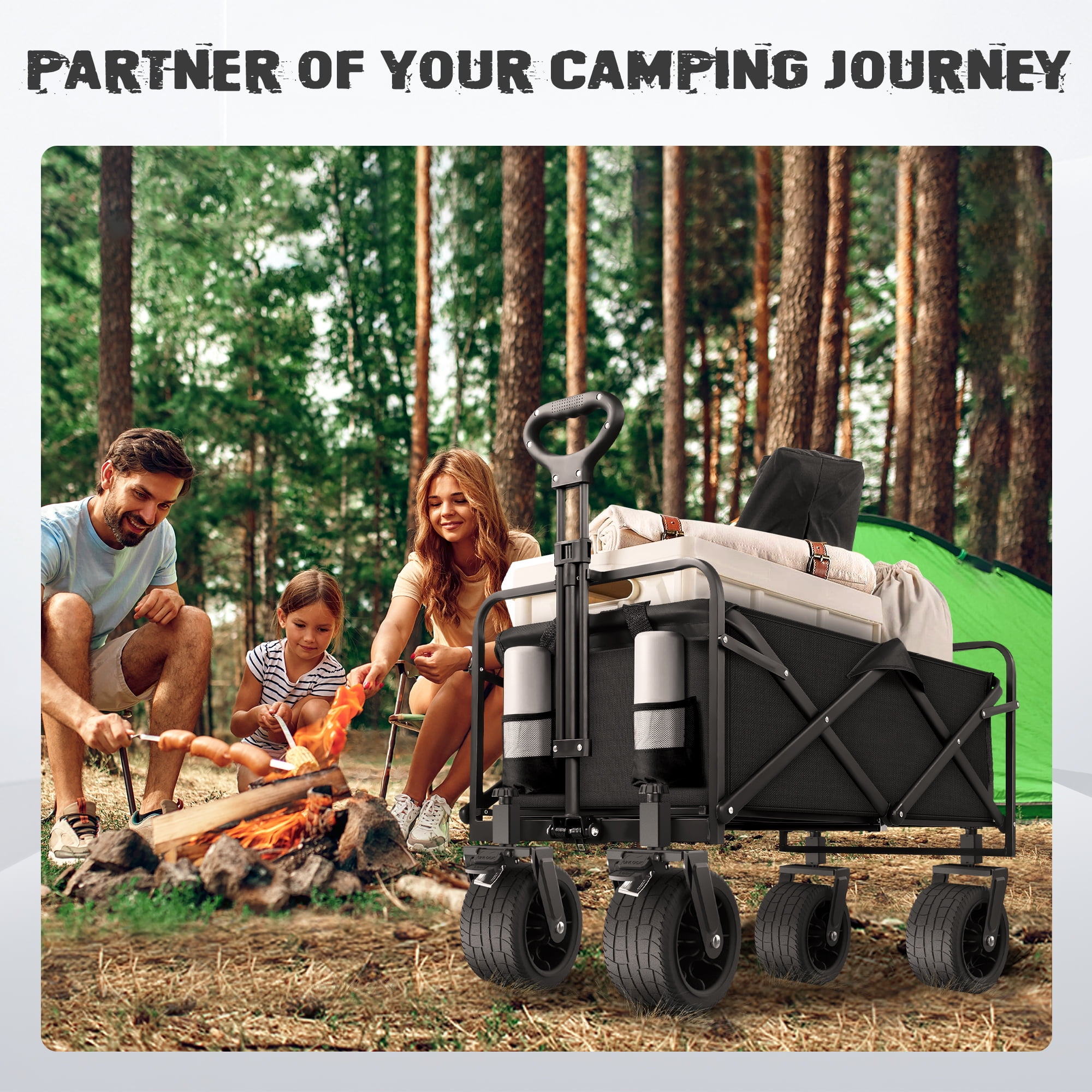 Qunler Large Collapsible Folding Wagon, 560 lbs Heavy Duty Big Bucket Utility Garden Cart with Oversized Tank Wheels for Sports, Shopping, Camping, Kids, Black