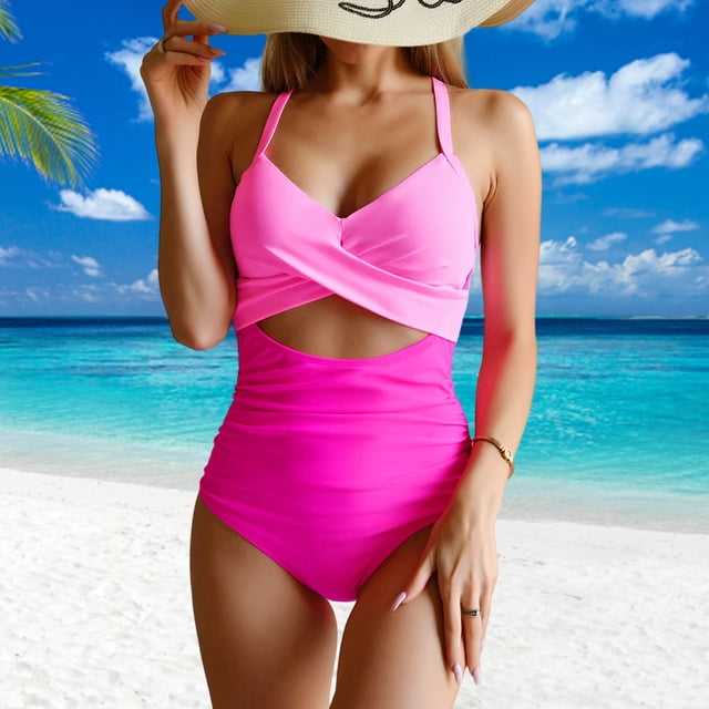 Traje De Baño De Una Pieza Traje De Baño De Una Pieza Traje de baño de una pieza Push Up para mujer Recorte de patchwork de color en contraste (M Pink + Rose)