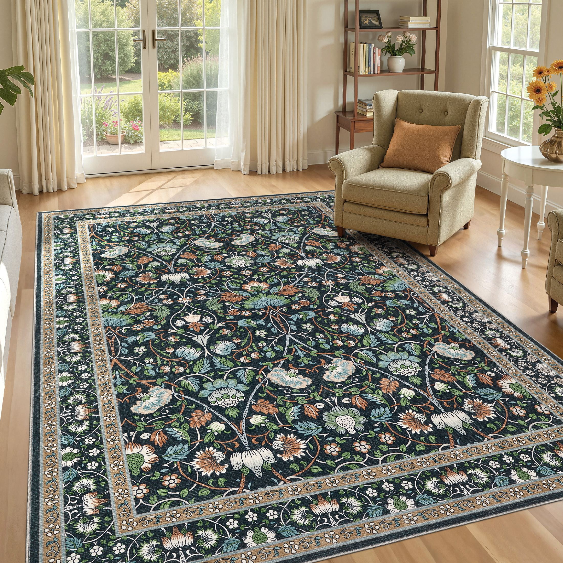 UERMEI 8x10 Large Area Rugs for Living Room, Indoor Washable Rug, Floral Area Rugs for Bedroom Home Office Decor Dining Room Carpets, Non Slip Low Pile - Black/Green/Brown