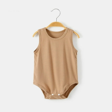 BLTIBY Newborn Baby Girls Boys Romper Summer Solid Color Sleeveless Button Round Neck Rompers Cute Toddler Infant One-Piece Fashion Bodysuit with Pockets Coffee 1-2 Years