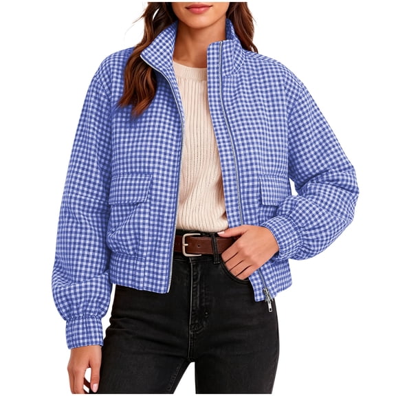 Hueook Plaid Jacket for Women Stand Collar Zip Up Coat with Pockets Checkered Casual Long Sleeve Bomber Jacket Blue L