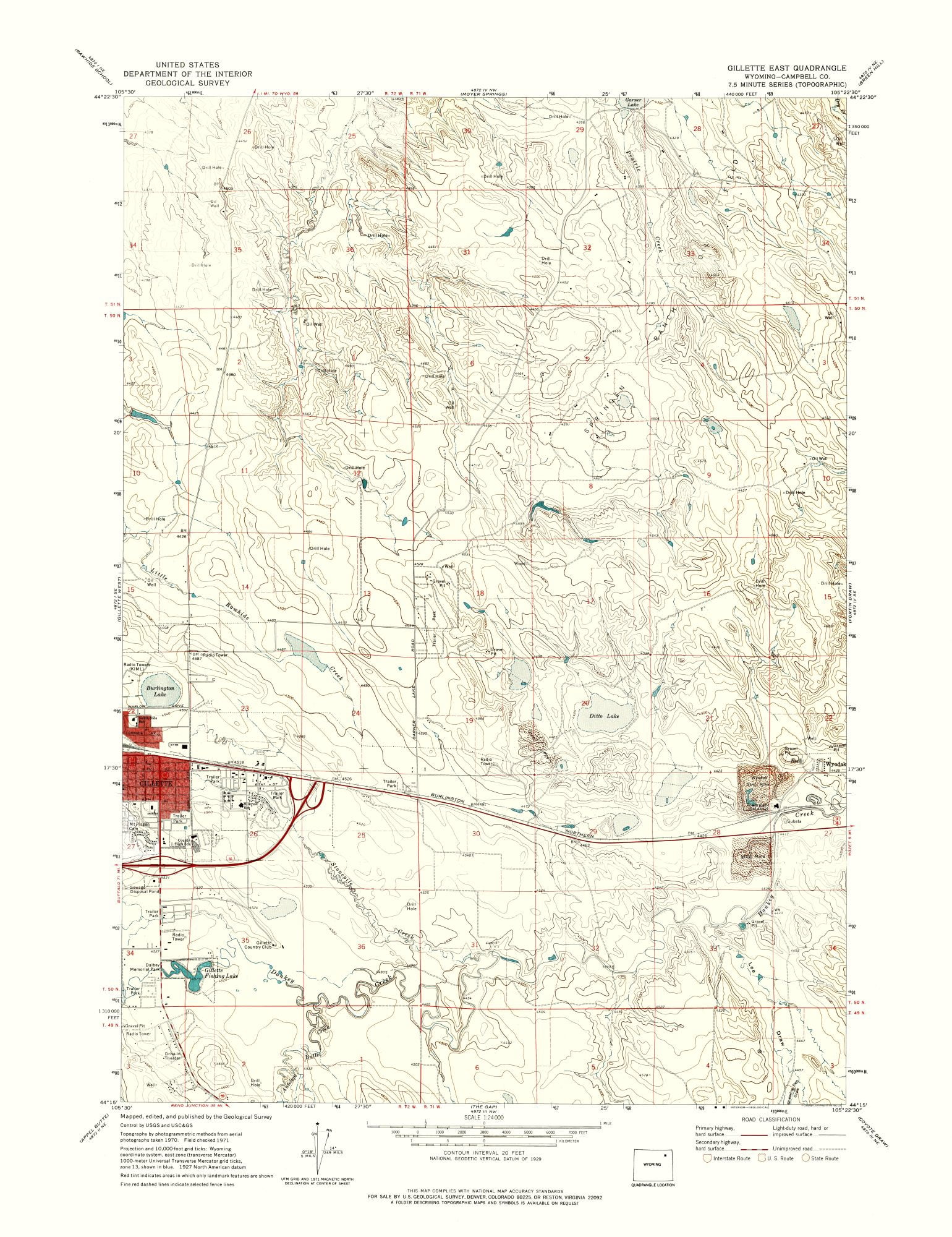 Topo Map - East Gillette Wyoming Quad - USGS 1971 - 23.00 x 29.87 - Matte  Canvas - Walmart.com