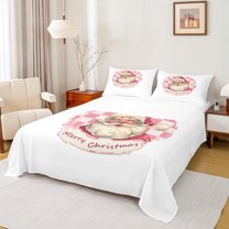 Manfei Cute Santa Claus Twin Sheet Sets for Teen, Merry Christmas Twin Fitted Sheet, Cartoon Pink Plaid Buffalo Flat Sheet, Lightweight Room Decor, 3-Piece